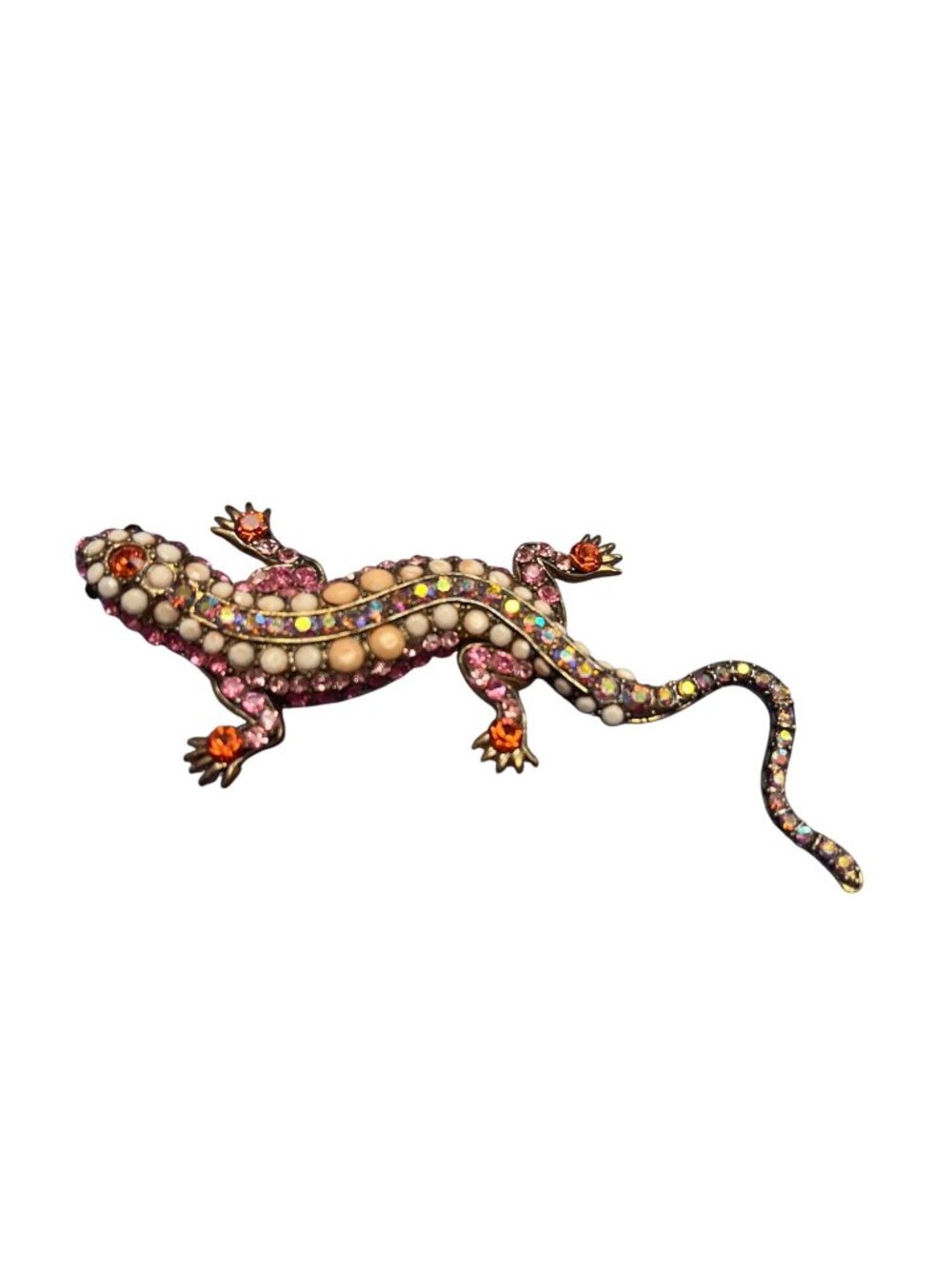 Vintage Rhinestones gecko pink AB faux crystals pearl gold brooch SKU 10-079